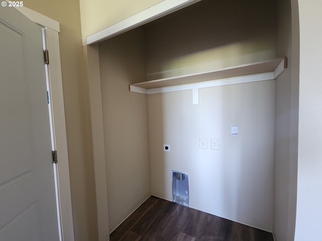 600 4th St, Gervais, OR 97026 - laundry area featuring electric dryer hookup and dark wood-type flooring