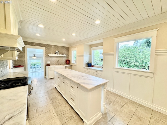 kitchen with crown molding, open shelves, appliances with stainless steel finishes, white cabinetry, and a sink