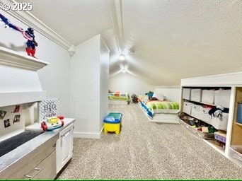 game room featuring vaulted ceiling, carpet, a textured ceiling, and crown molding