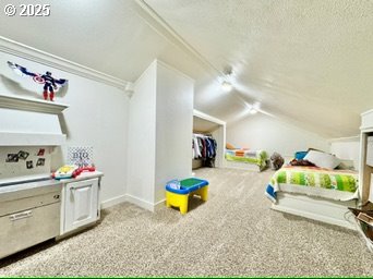 rec room featuring vaulted ceiling, carpet floors, crown molding, a textured ceiling, and baseboards