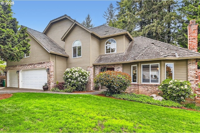 traditional home with brick siding, a front lawn, a garage, and a chimney