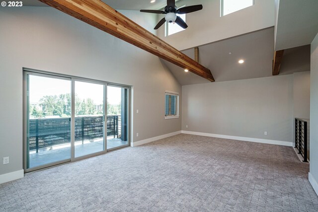304 N Bridgeton Rd, Portland, OR 97217 - carpeted spare room with beam ceiling, high vaulted ceiling, ceiling fan, and recessed lighting