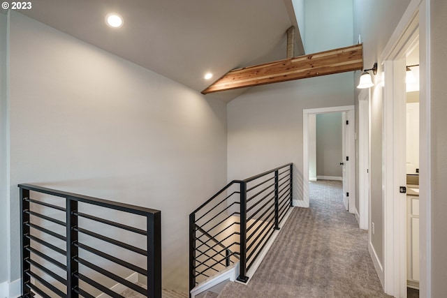 304 N Bridgeton Rd, Portland, OR 97217 - hall with an upstairs landing, carpet flooring, recessed lighting, beamed ceiling, and high vaulted ceiling