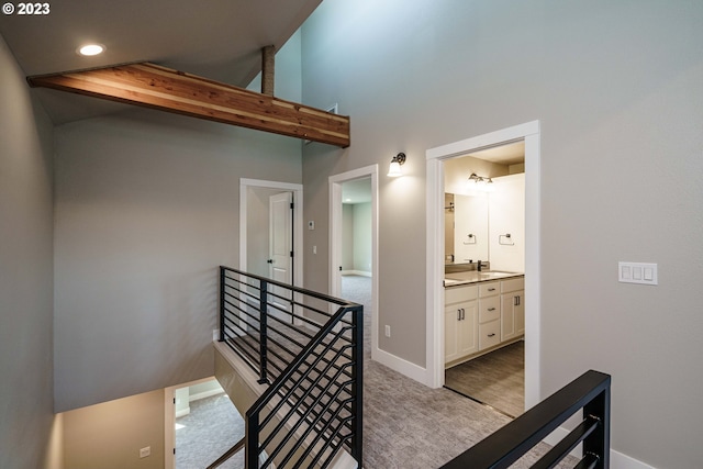 304 N Bridgeton Rd, Portland, OR 97217 - stairway with high vaulted ceiling, carpet, and recessed lighting