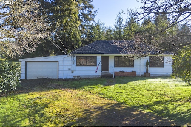 single story home with a front lawn and a garage