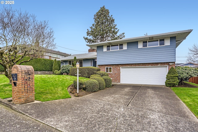 split level home featuring fence, driveway, an attached garage, a front lawn, and brick siding