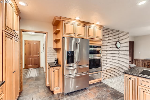 kitchen featuring open shelves, recessed lighting, stone tile flooring, stainless steel appliances, and a warming drawer