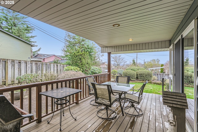 deck featuring a fenced backyard and outdoor dining space