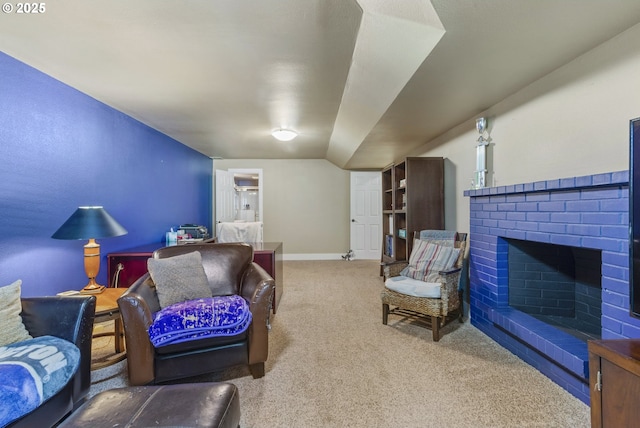 703 NW 94th St, Vancouver, WA 98665 - carpeted living room featuring a brick fireplace and lofted ceiling
