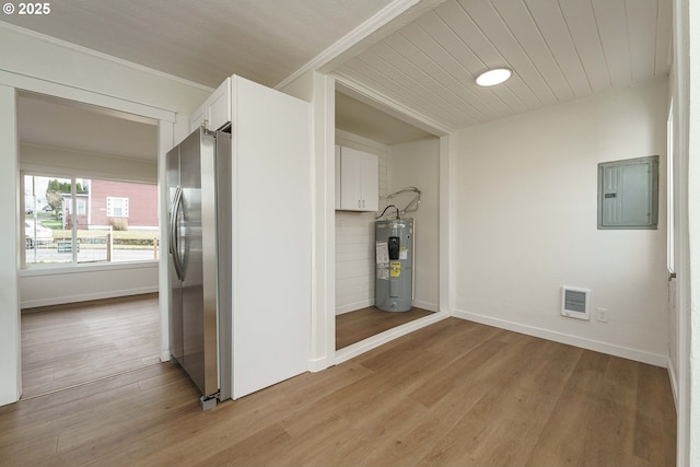 hall with wooden ceiling, electric water heater, electric panel, and light hardwood / wood-style floors