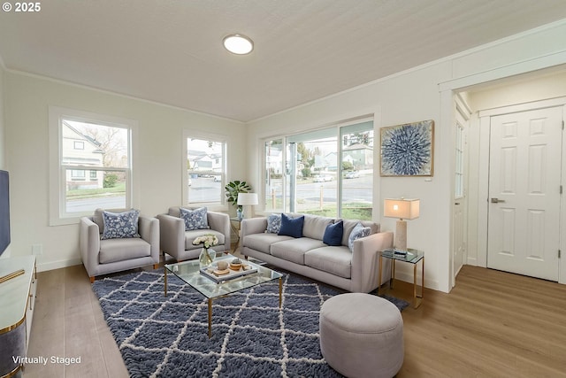 living room with crown molding and hardwood / wood-style floors