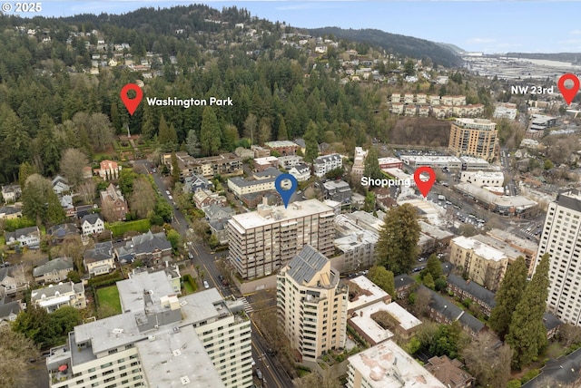 2323 SW Park Pl Unit 603, Portland, OR 97205 - aerial overview of property's location with a heavily wooded area