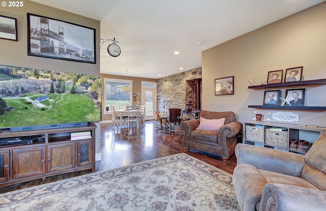 living room featuring dark wood-type flooring