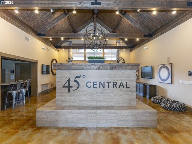 14139 SW Burlwood Ln, Beaverton, OR 97005 - welcome area featuring high vaulted ceiling, a wooden ceiling with exposed beams, and a chandelier