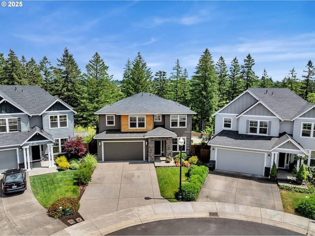 view of front facade featuring driveway, board and batten siding, an attached garage, a front lawn, and stone siding