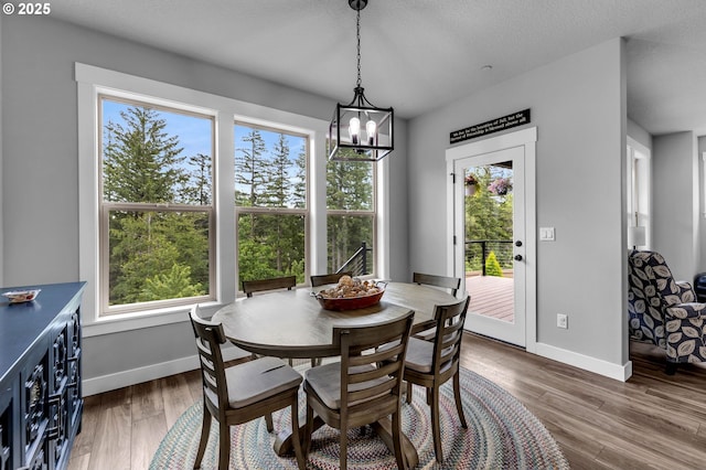 dining space featuring baseboards, wood finished floors, and a chandelier