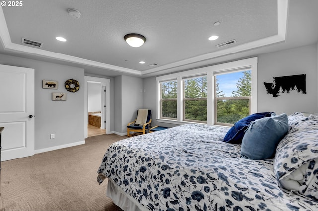 bedroom with a raised ceiling, carpet, baseboards, a textured ceiling, and recessed lighting