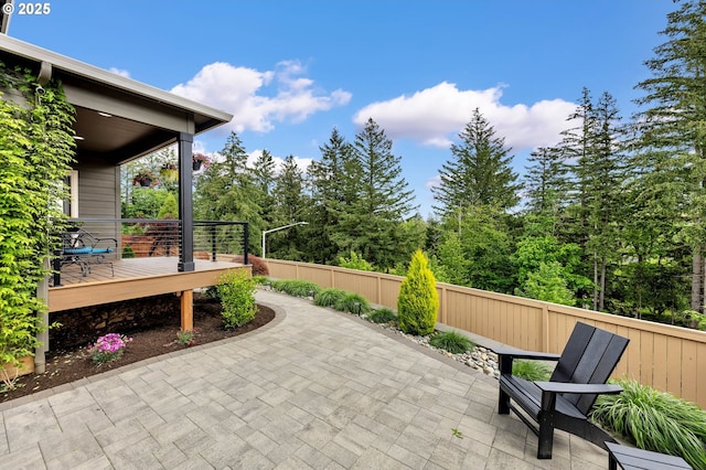 view of patio / terrace featuring fence and a wooden deck