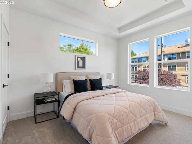 carpeted bedroom featuring a tray ceiling and baseboards