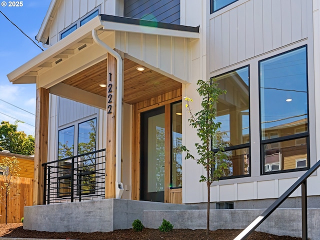 property entrance with board and batten siding