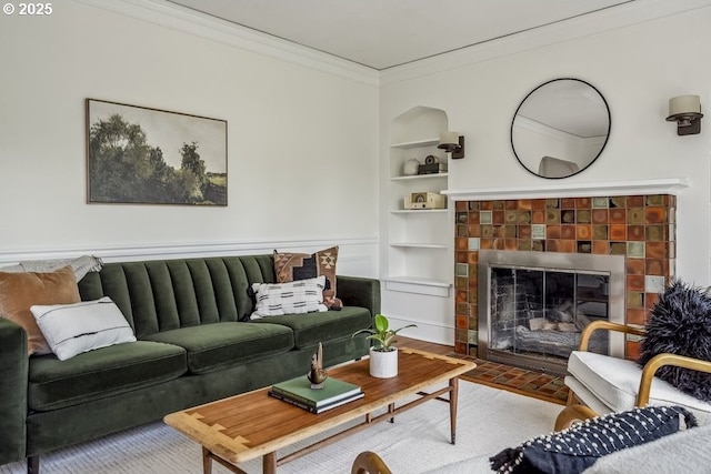 1968 SE 25th Ave, Portland, OR 97214 - living room with crown molding, built in features, and a tiled fireplace