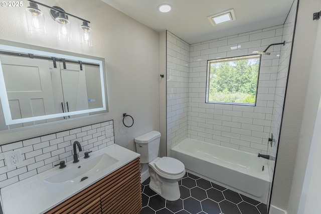 2859 NE 2nd Ave, Camas, WA 98607 - bathroom with vanity,  shower combination, tile patterned floors, backsplash, and recessed lighting