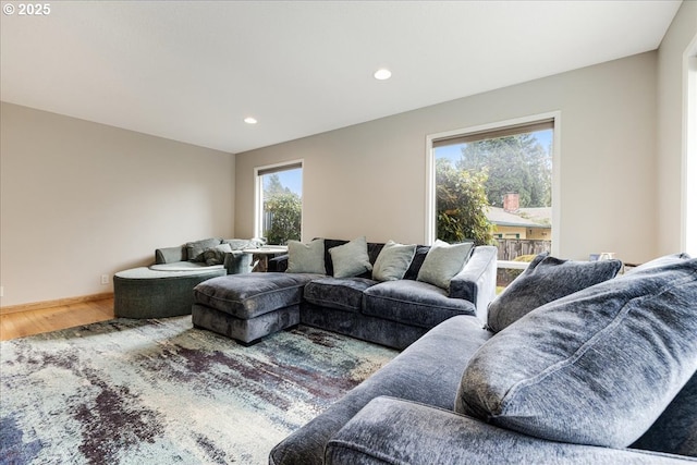 living area with recessed lighting, baseboards, and wood finished floors