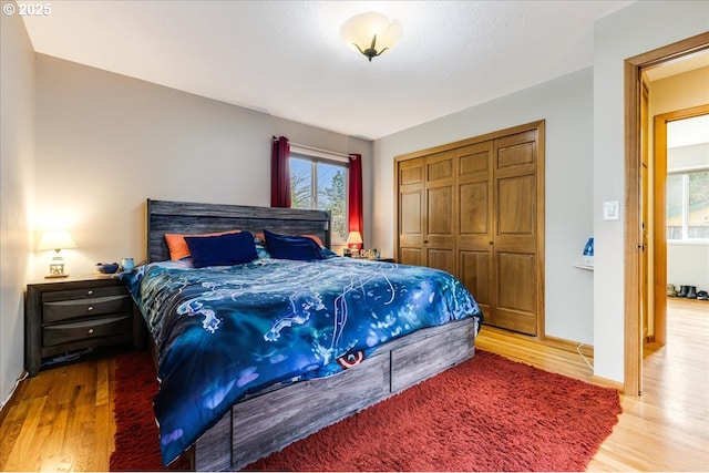 bedroom featuring a closet, multiple windows, baseboards, and wood finished floors