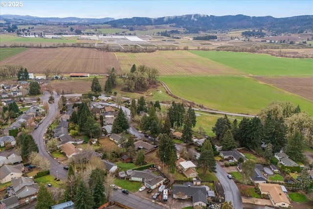 birds eye view of property featuring a mountain view and a rural view