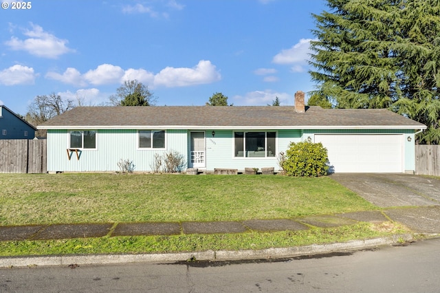 single story home featuring a front yard and a garage