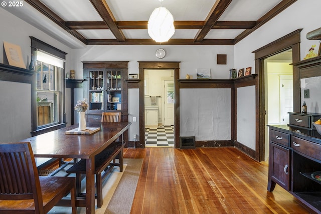 2869 SE Sherman St, Portland, OR 97214 - dining area featuring coffered ceiling, hardwood / wood-style flooring, and beamed ceiling