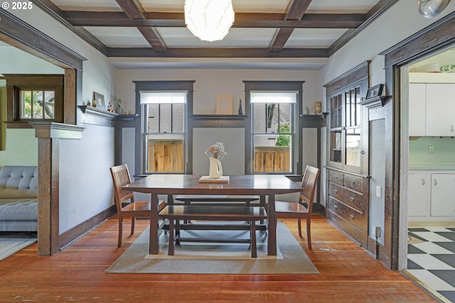 2869 SE Sherman St, Portland, OR 97214 - dining area with coffered ceiling, beamed ceiling, and wood-type flooring