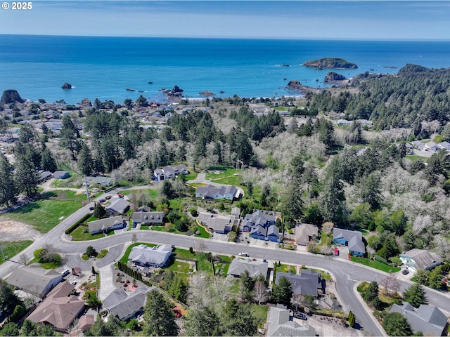 drone / aerial view with a residential view and a water view
