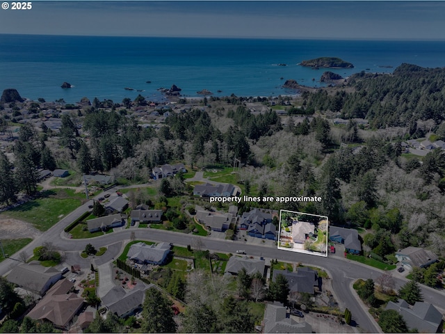 drone / aerial view with a water view and a residential view