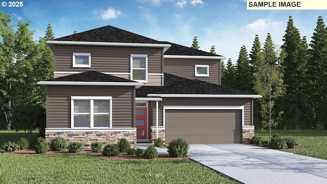 view of front facade with a front yard, driveway, roof with shingles, an attached garage, and stone siding