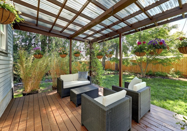 deck featuring outdoor lounge area and a pergola