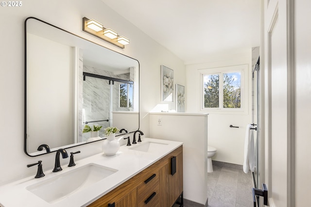 bathroom with vanity, an enclosed shower, and toilet