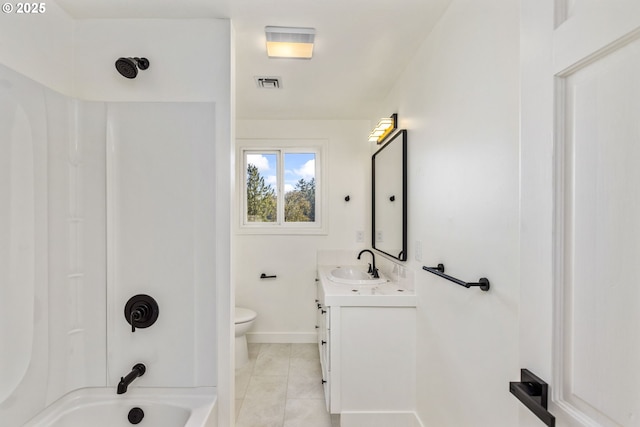 full bathroom featuring vanity, tile patterned floors,  shower combination, and toilet