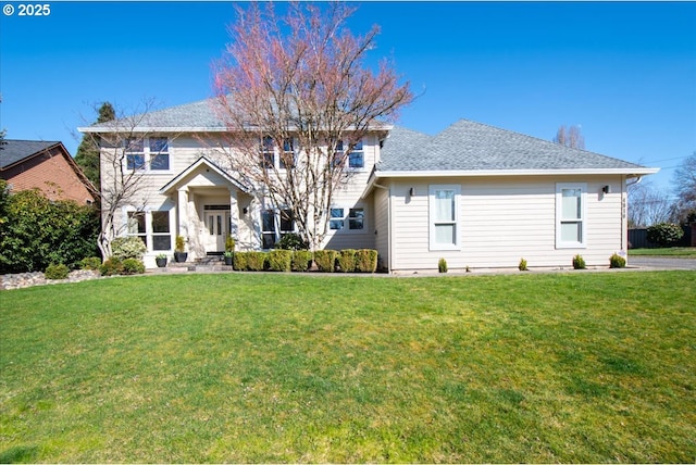 view of front of house with roof with shingles and a front yard