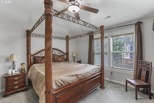 bedroom with ceiling fan and light carpet