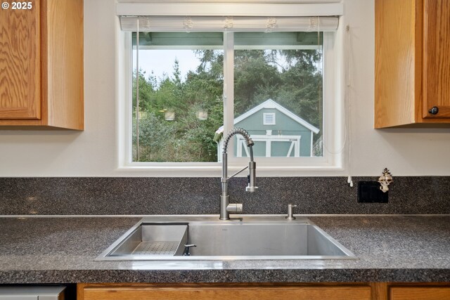 kitchen with a sink and dark countertops