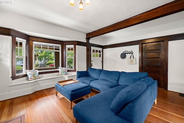 3113 SE Main St, Portland, OR 97214 - living room with hardwood / wood-style flooring, beam ceiling, and a textured ceiling