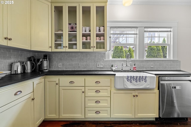 3113 SE Main St, Portland, OR 97214 - kitchen with dishwasher, a sink, cream cabinets, tasteful backsplash, and crown molding