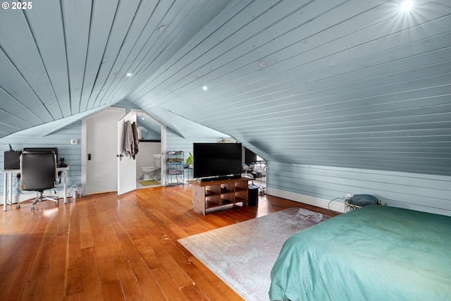 3113 SE Main St, Portland, OR 97214 - bedroom with lofted ceiling, hardwood / wood-style floors, wooden walls, an office area, and wood ceiling