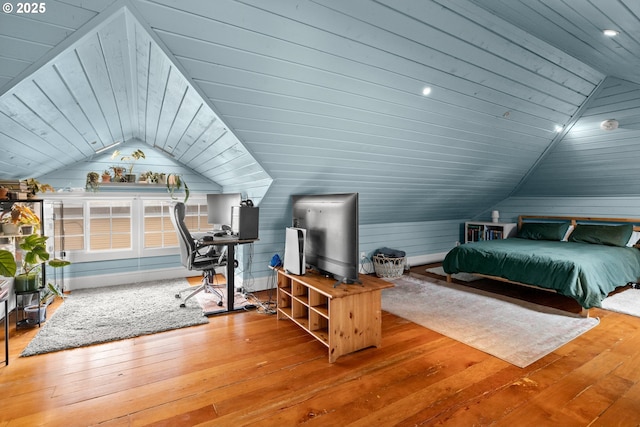 3113 SE Main St, Portland, OR 97214 - bedroom with vaulted ceiling, hardwood / wood-style flooring, a desk, wooden ceiling, and wood walls