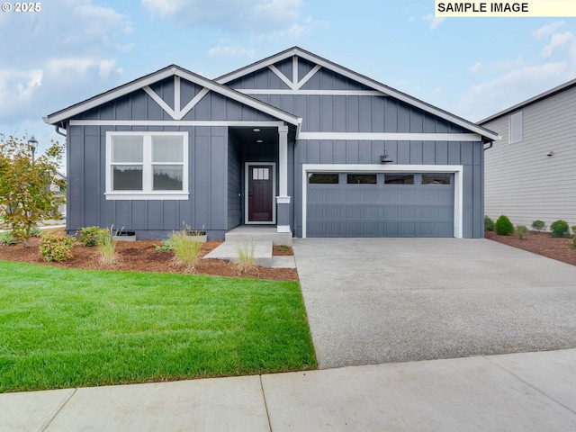 view of front of property with a garage, driveway, board and batten siding, and a front yard