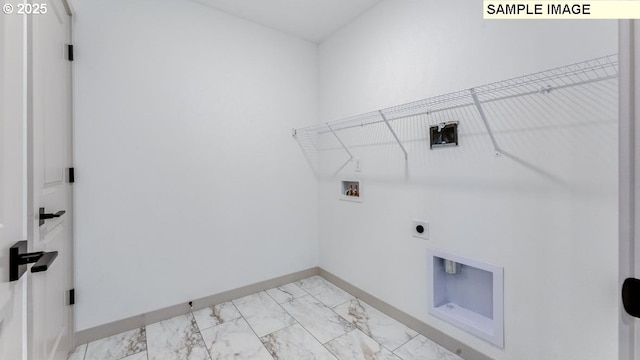 washroom with laundry area, baseboards, hookup for a washing machine, marble finish floor, and hookup for an electric dryer