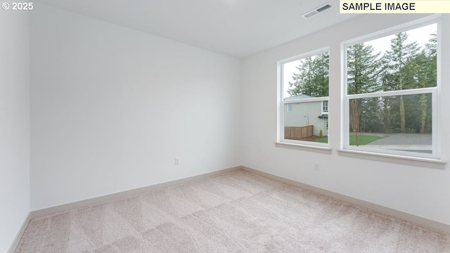 carpeted spare room with visible vents and baseboards