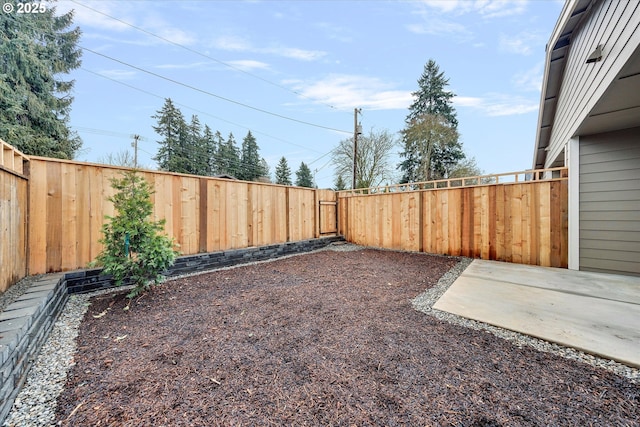 view of yard with a fenced backyard and a patio