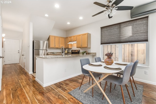 kitchen featuring appliances with stainless steel finishes, dark hardwood / wood-style floors, light stone counters, and kitchen peninsula